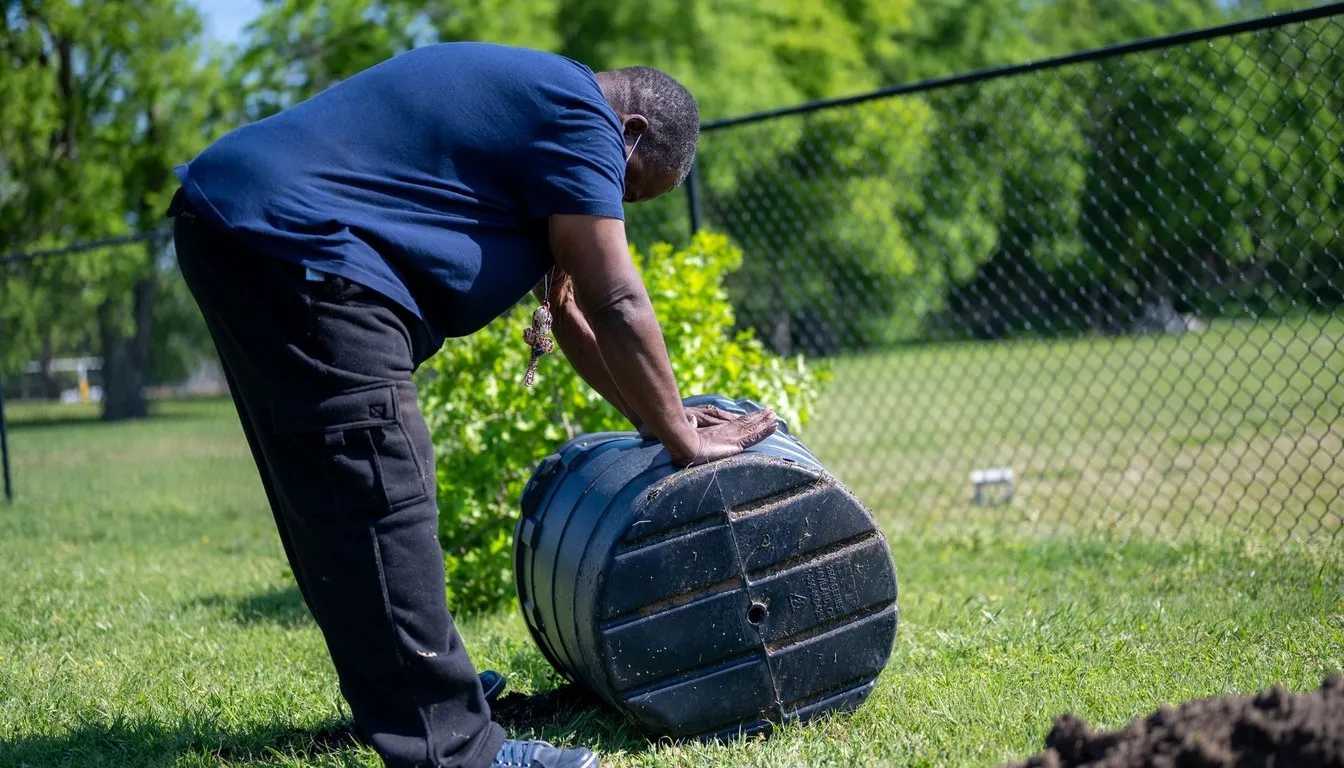 A man tipping a compost barrel onto the grass beside a garden fence