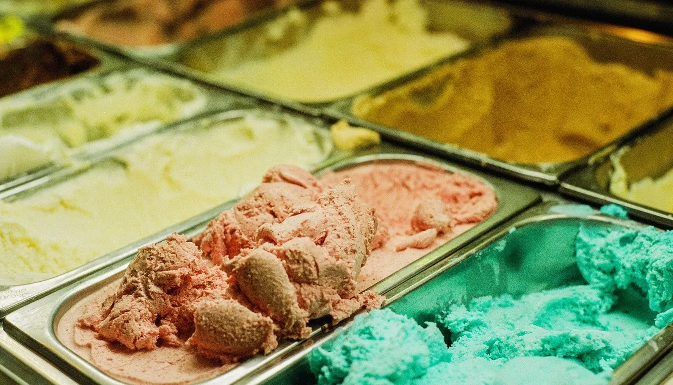 Tubs of colorful gelato and frozen desserts in a freezer case