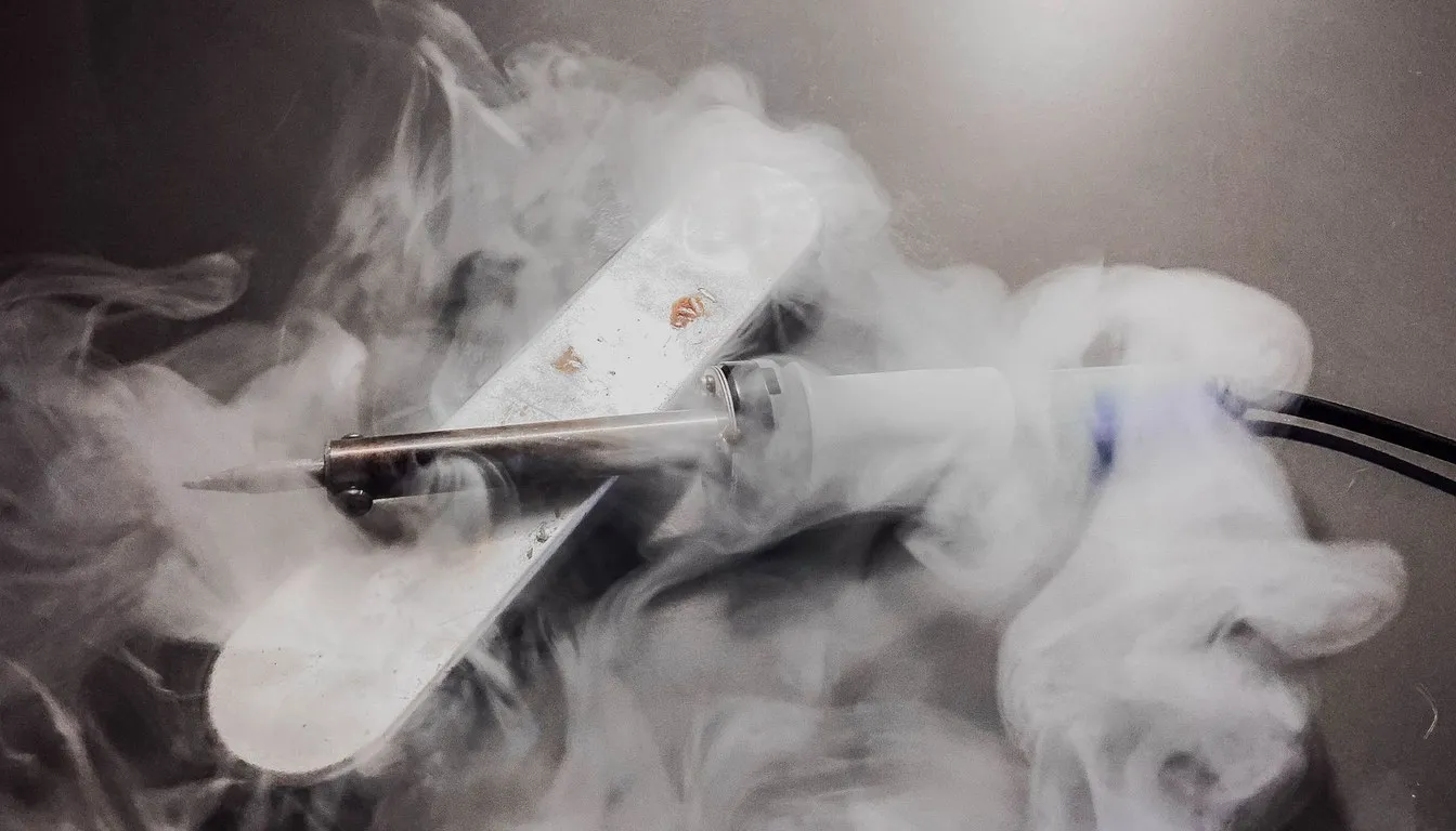 A metal part wreathed in vapor with electrode leads attached
