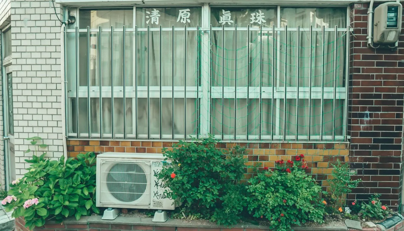 Air conditioning unit mounted outside a brick building