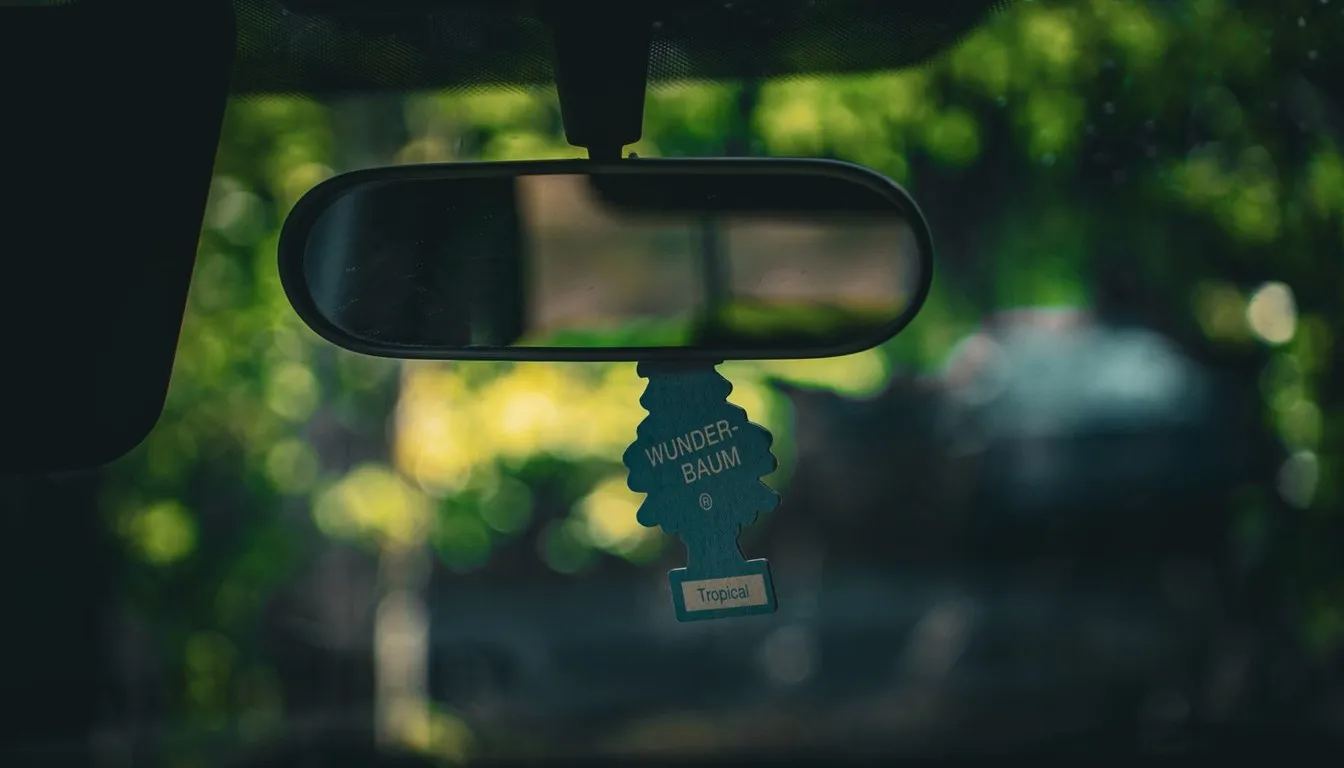 Tree-shaped air freshener hanging from a rearview mirror