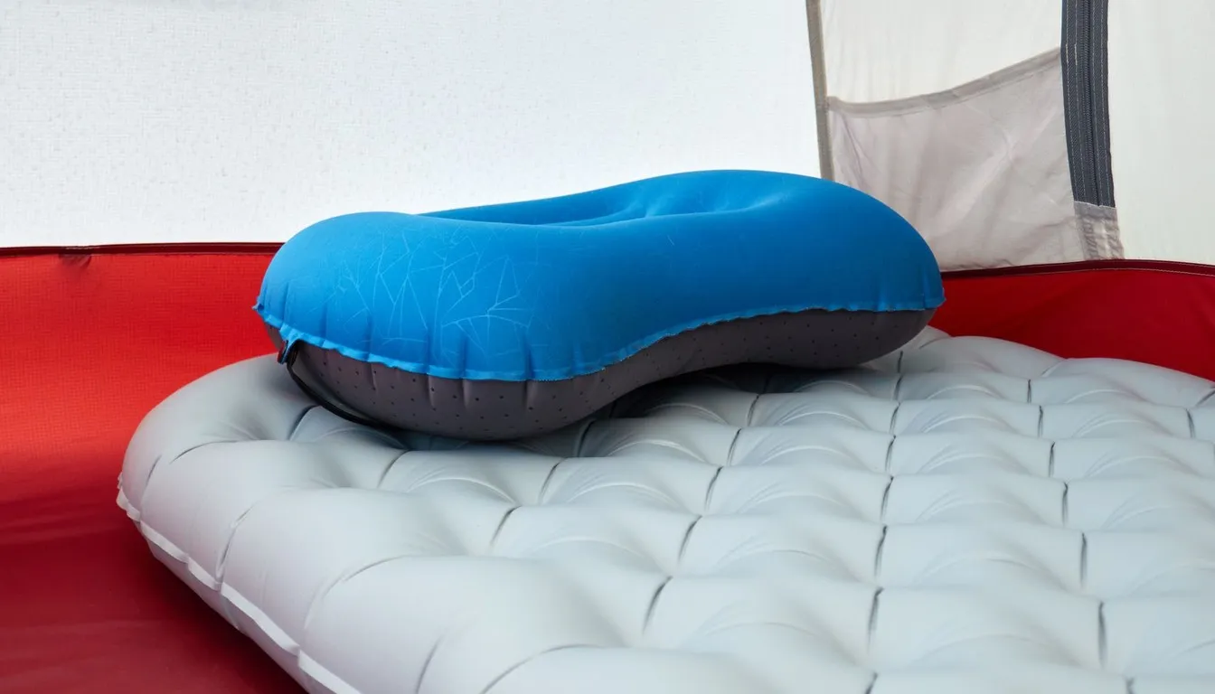 Inflatable air mattress and camping pillow inside a tent