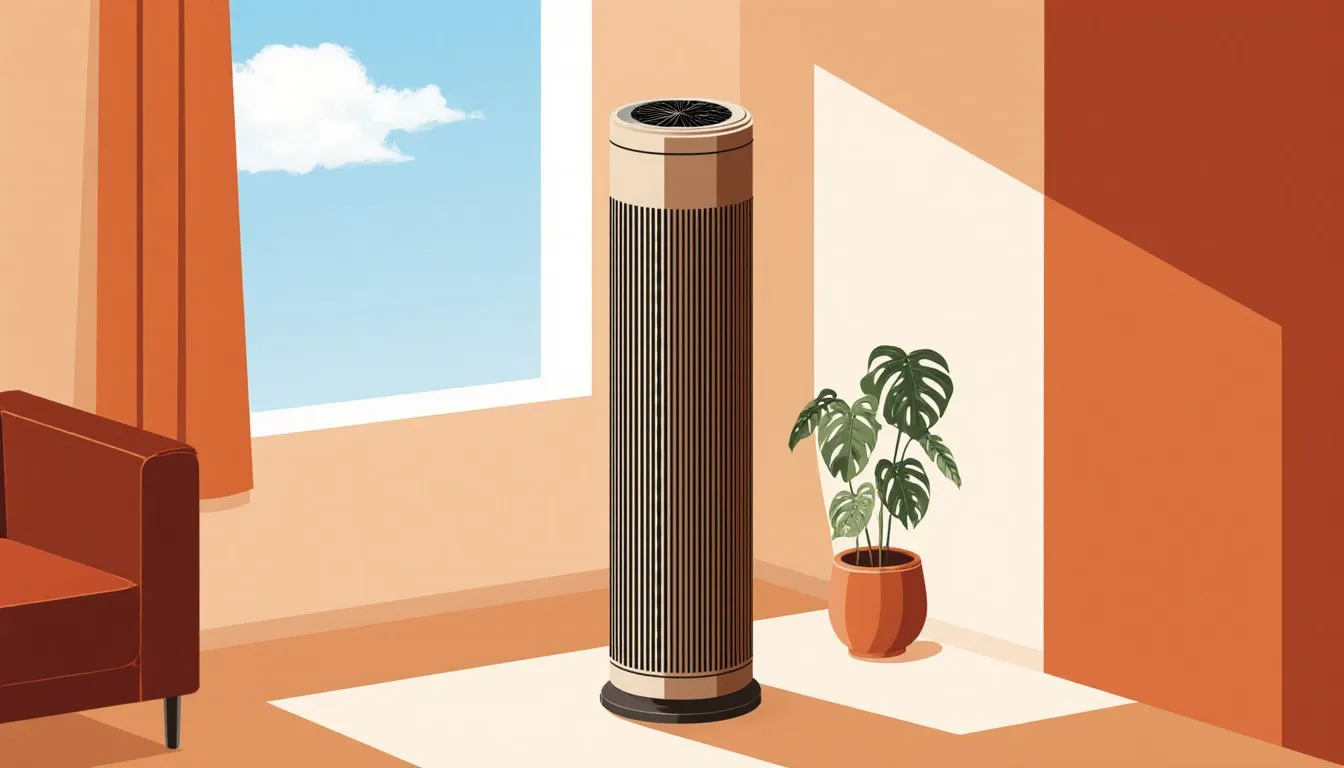 Tall tower air purifier beside a sunlit living-room window