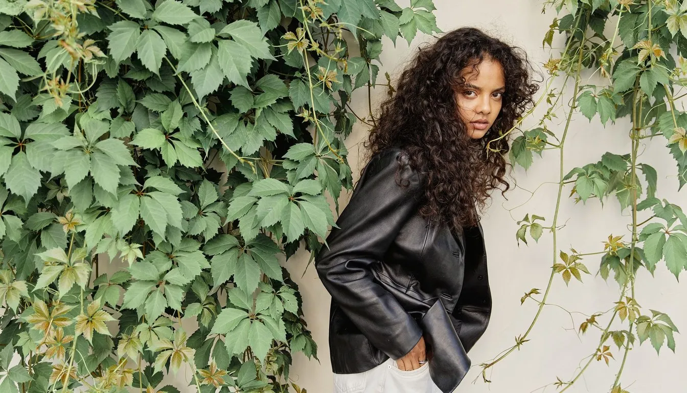Woman wearing a soft black leather jacket beside a leafy wall