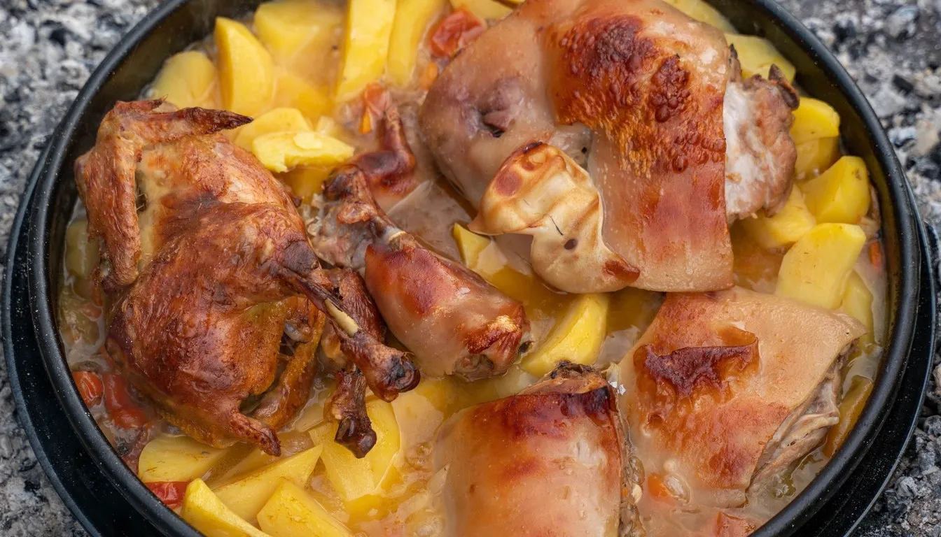 Roast chicken and potatoes in a heavy pan