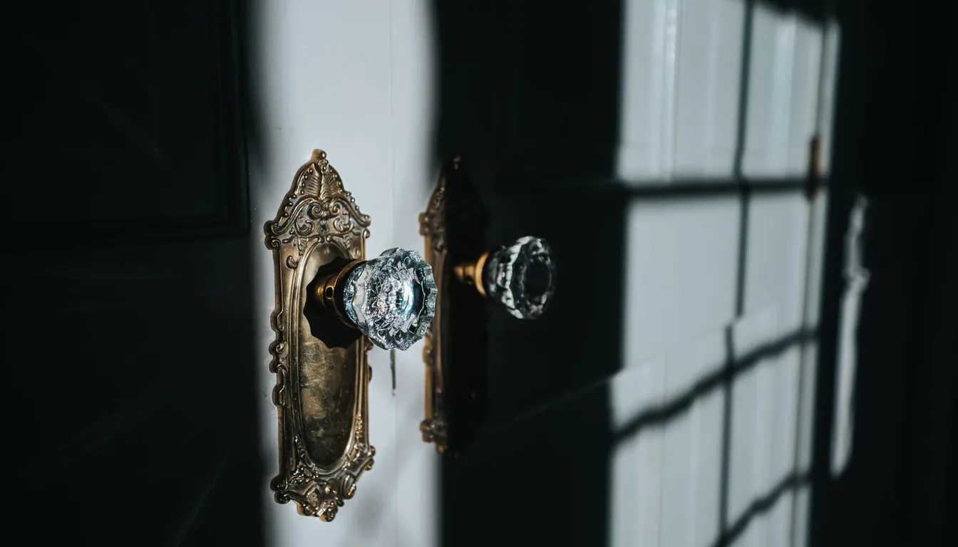 Ornate brass door knob with a faceted glass handle