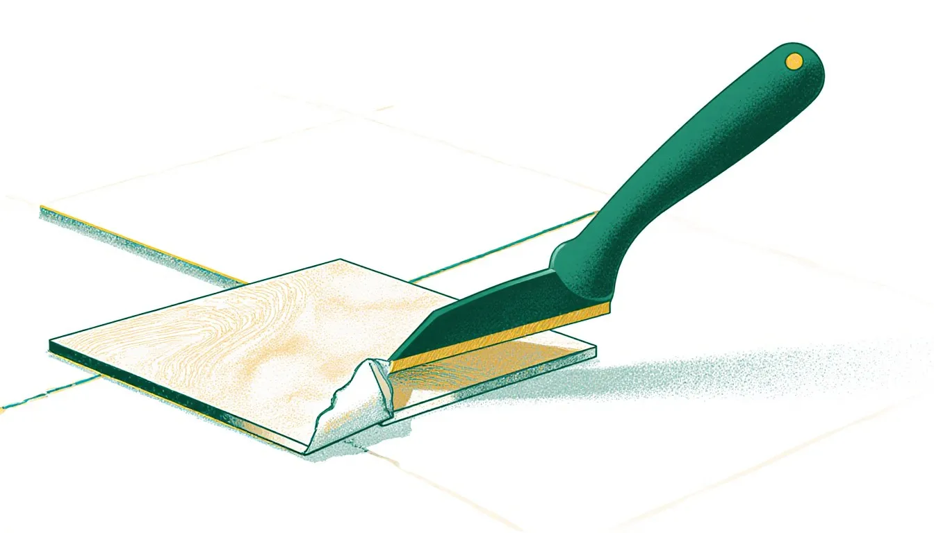 Scraper lifting an old floor tile from the subfloor