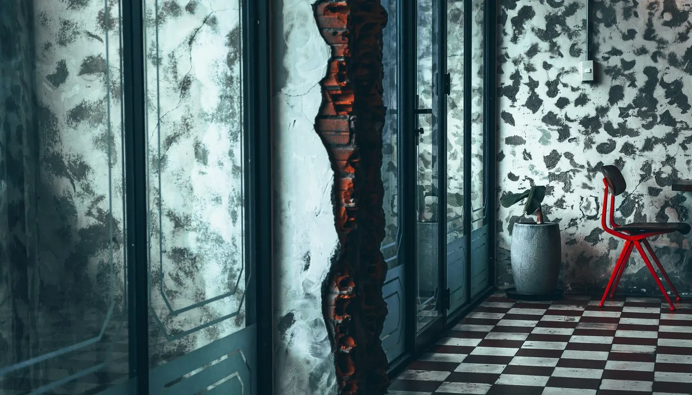 Derelict room with a checkerboard tile floor