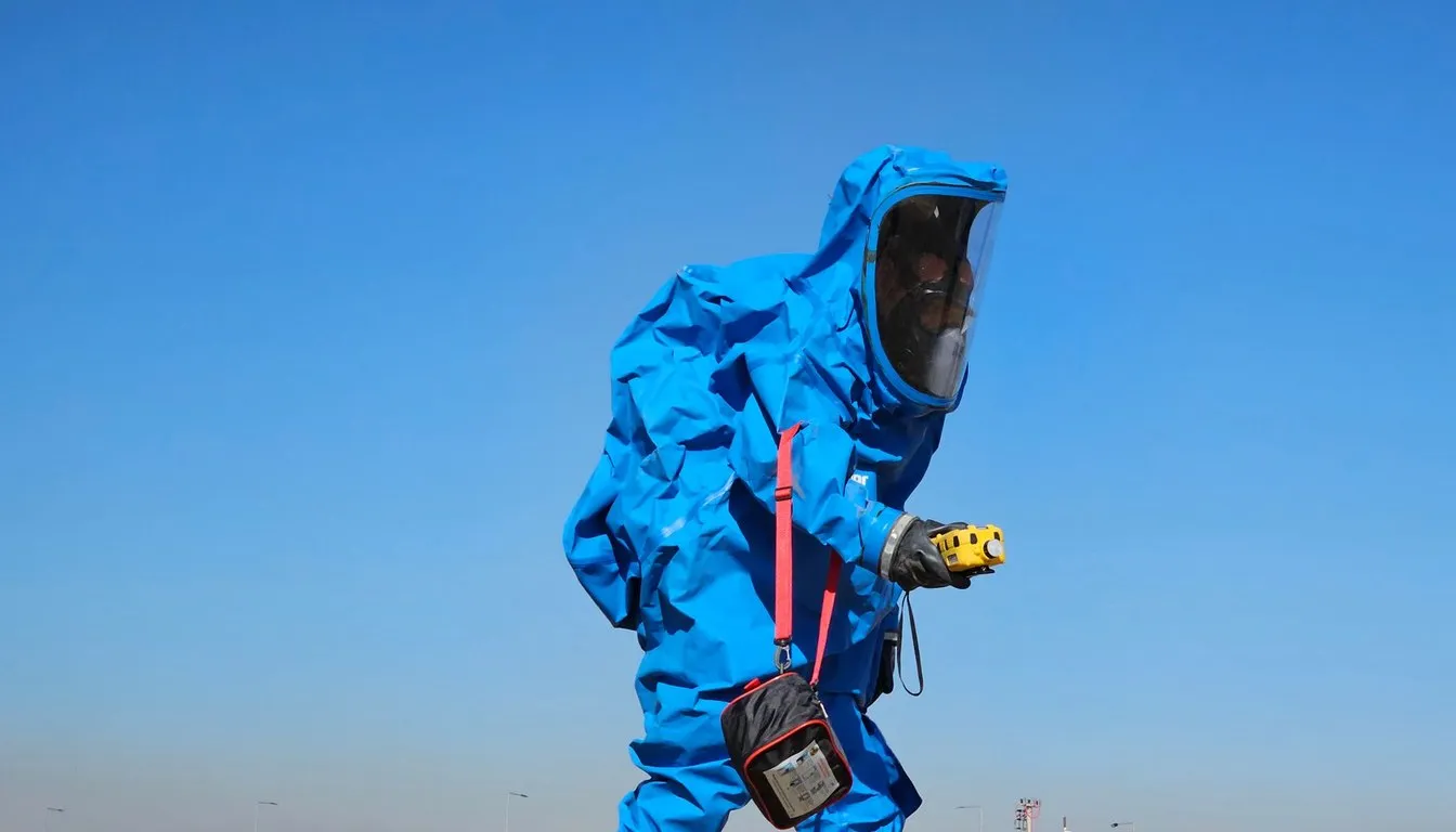 Worker in a blue protective suit holding a gas detector