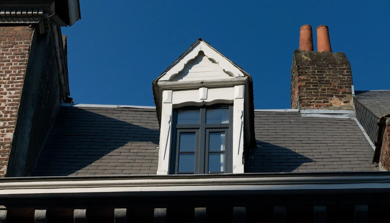 Slate roof with a dormer window and chimney stacks