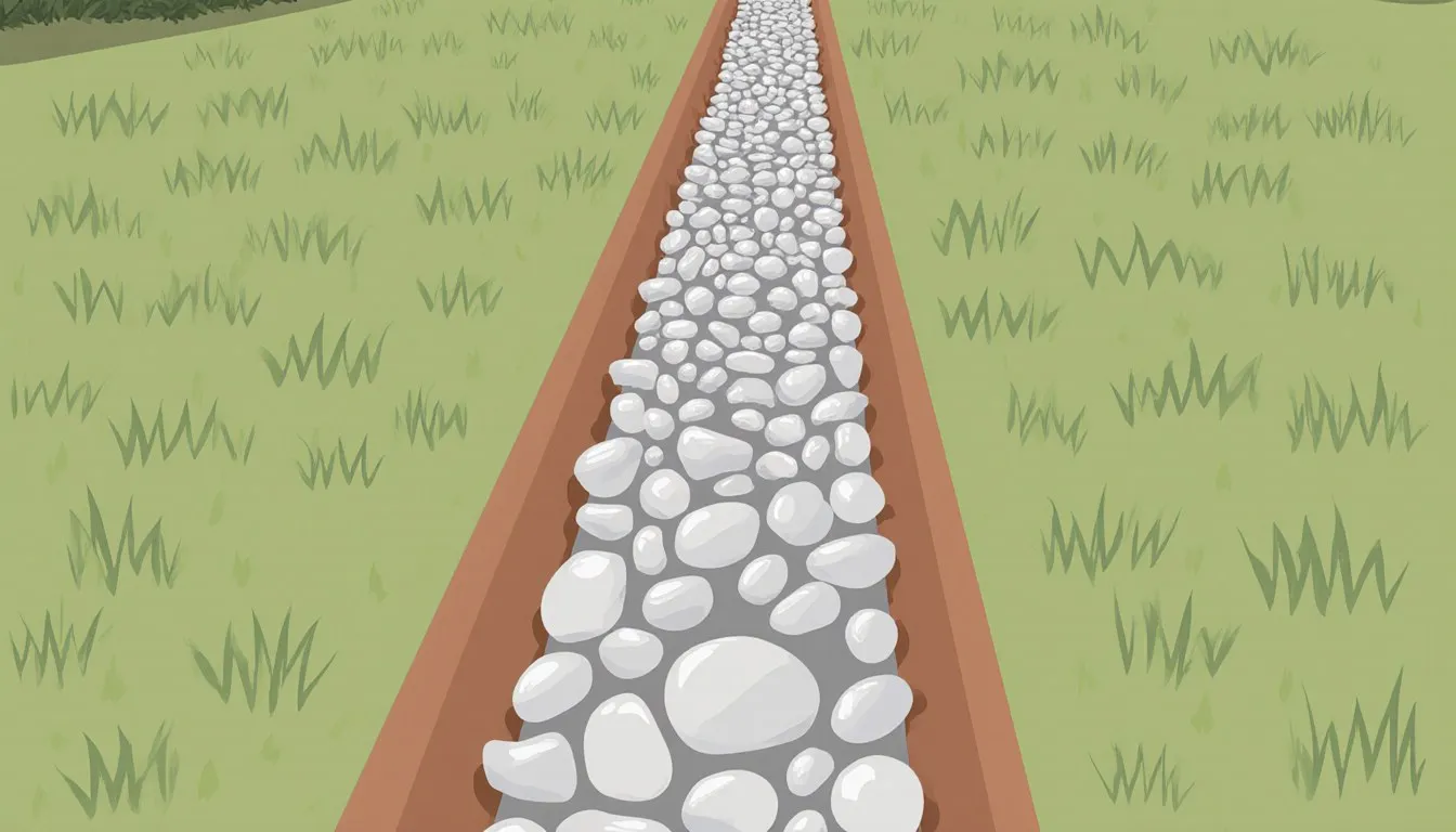Gravel drainage trench running through a lawn