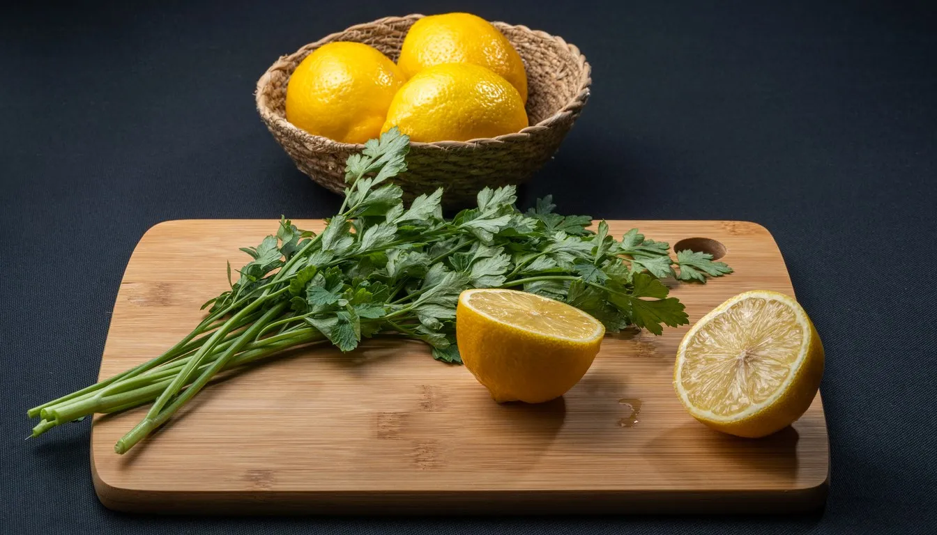 Bamboo cutting board with lemons and parsley