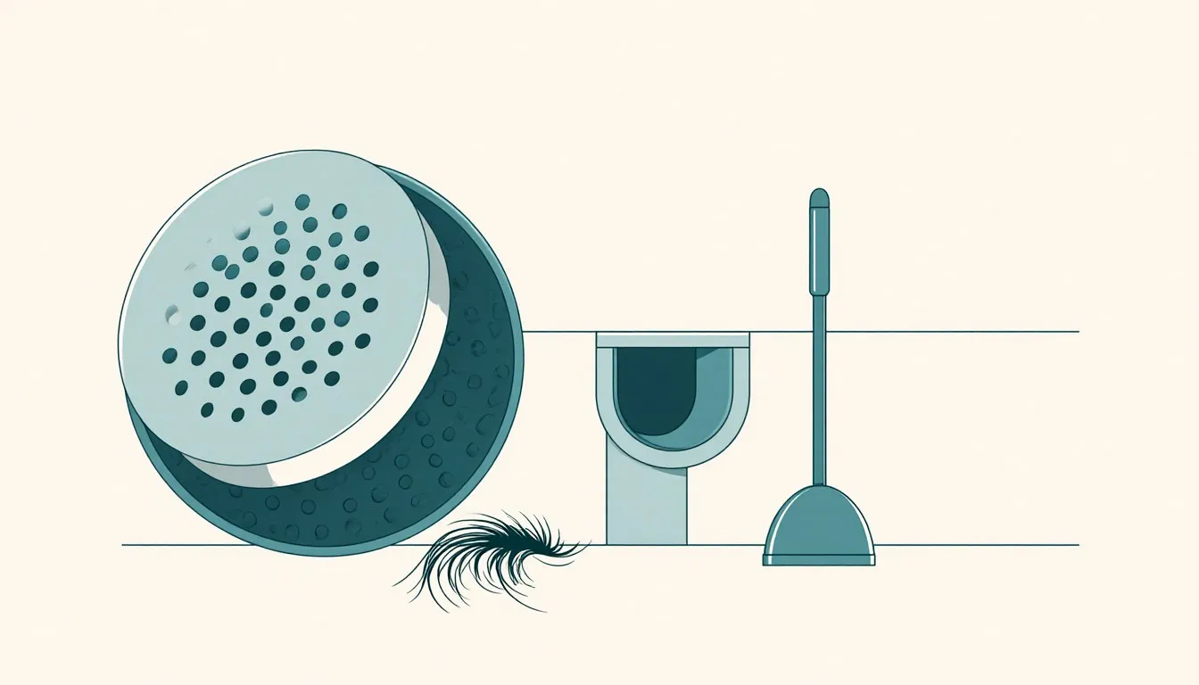 A drain screen, hair, a plunger, and a cutaway pipe trap arranged to show how to clear a slow bathroom drain.