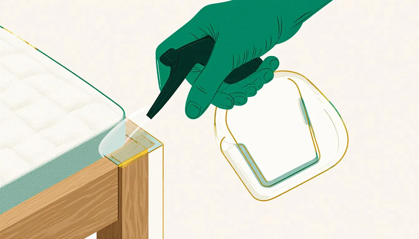 A gloved hand spraying the joint of a bed frame