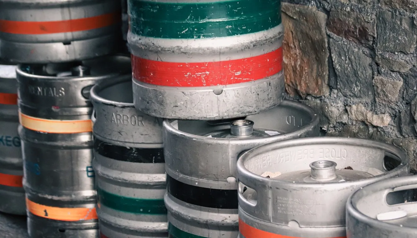 Stacked steel beer kegs