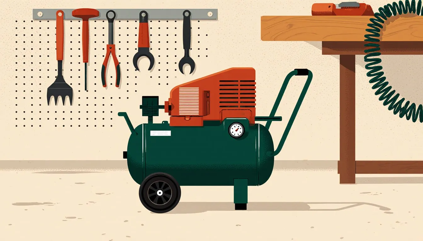 Portable air compressor in a workshop below a pegboard of tools