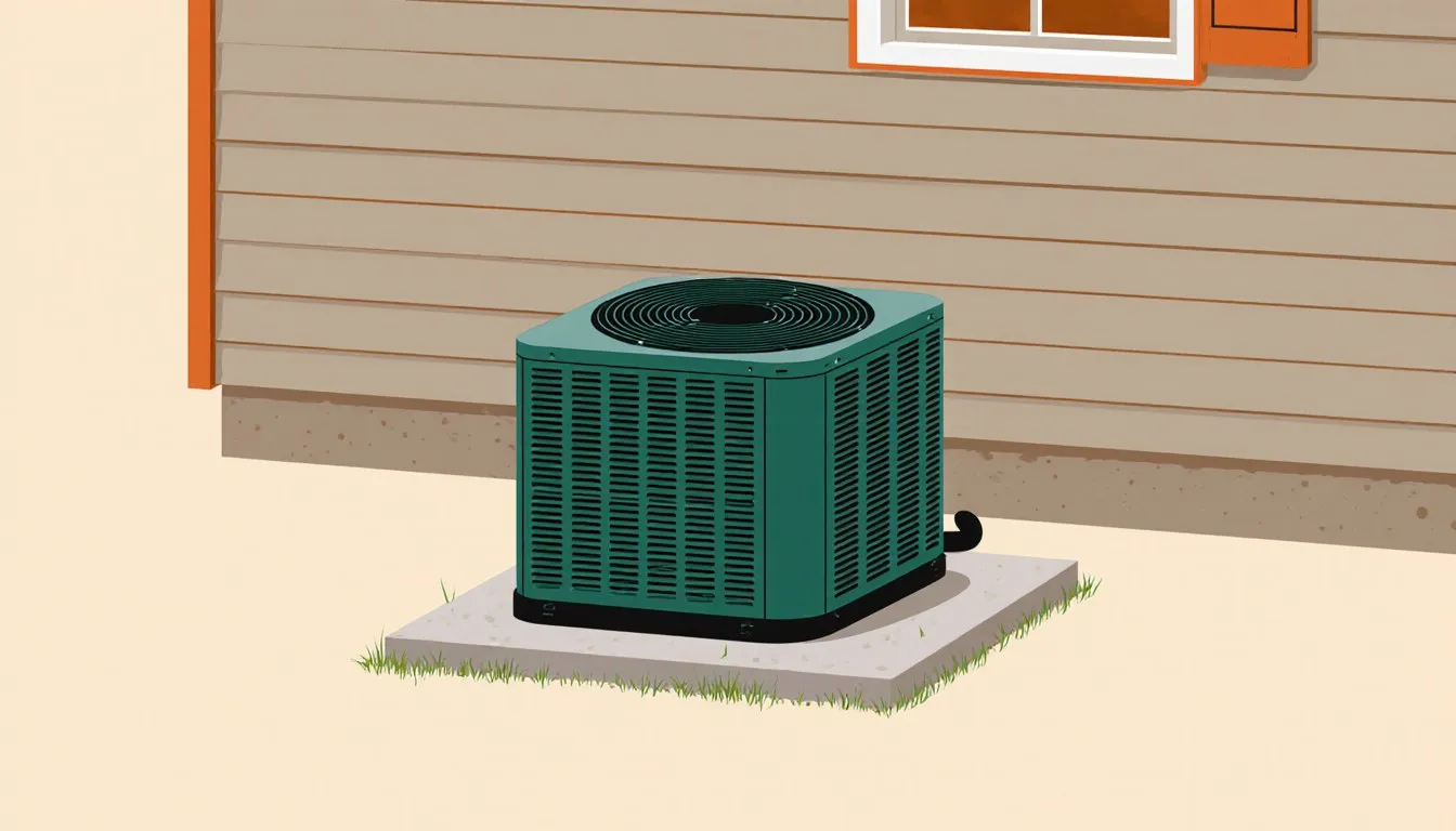 Central air conditioner condenser on a pad beside a house