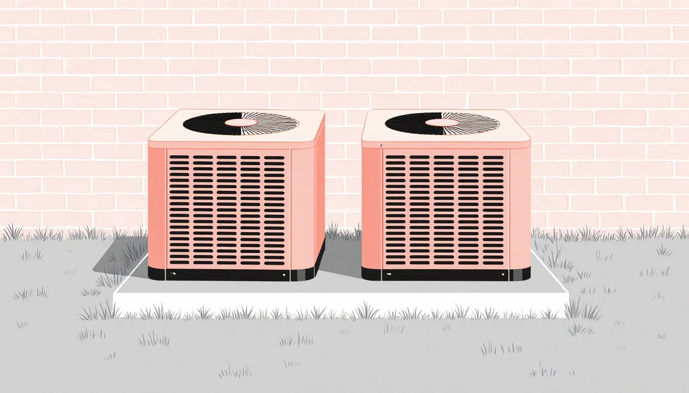 Two central air conditioning condensers side by side outside a brick wall
