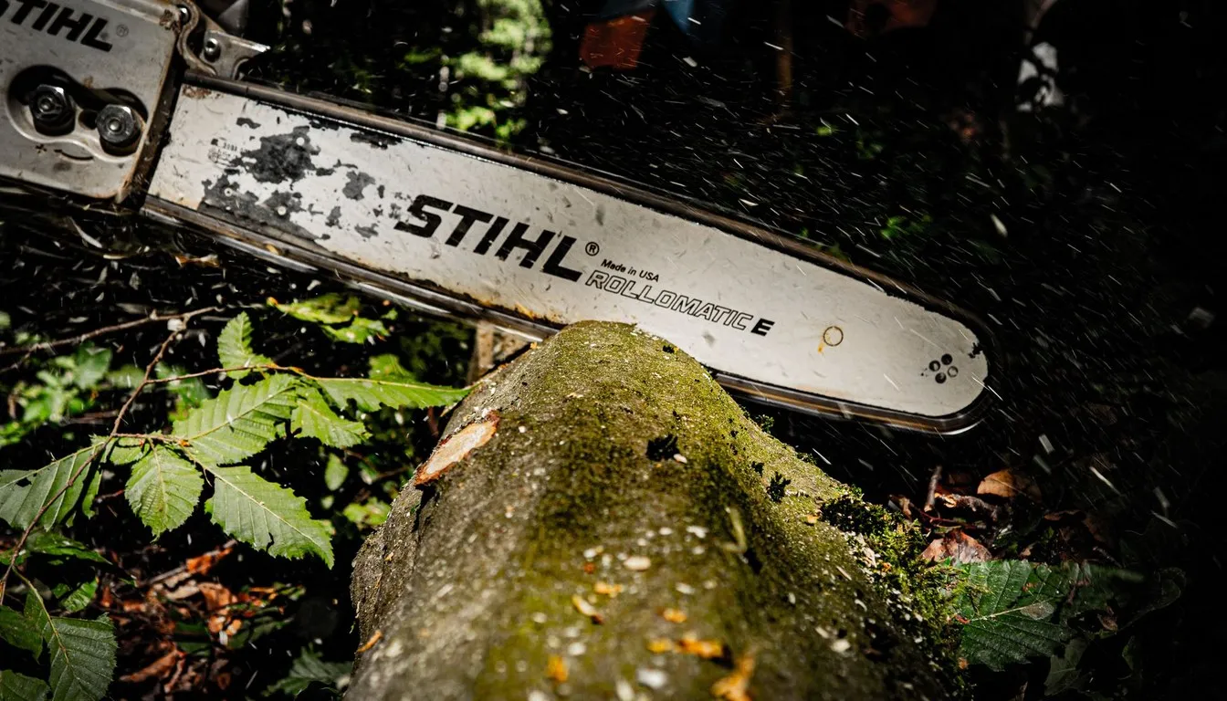 Chainsaw resting on a mossy log