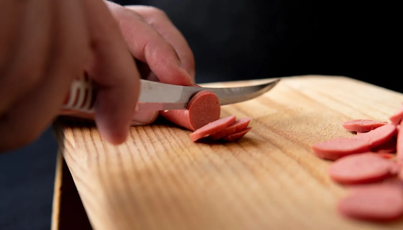 Knife slicing sausage on a wooden board