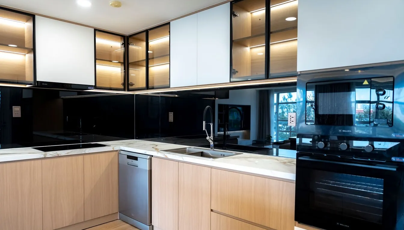 Modern kitchen with an open dishwasher