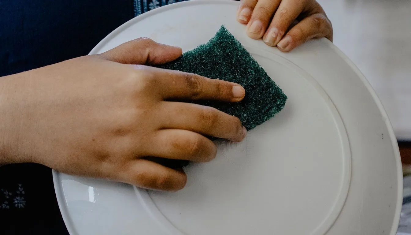 Hand scrubbing a plate with a green sponge