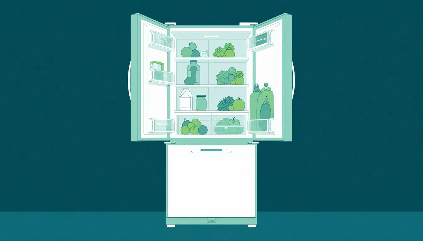 French-door refrigerator with both doors open showing stocked shelves