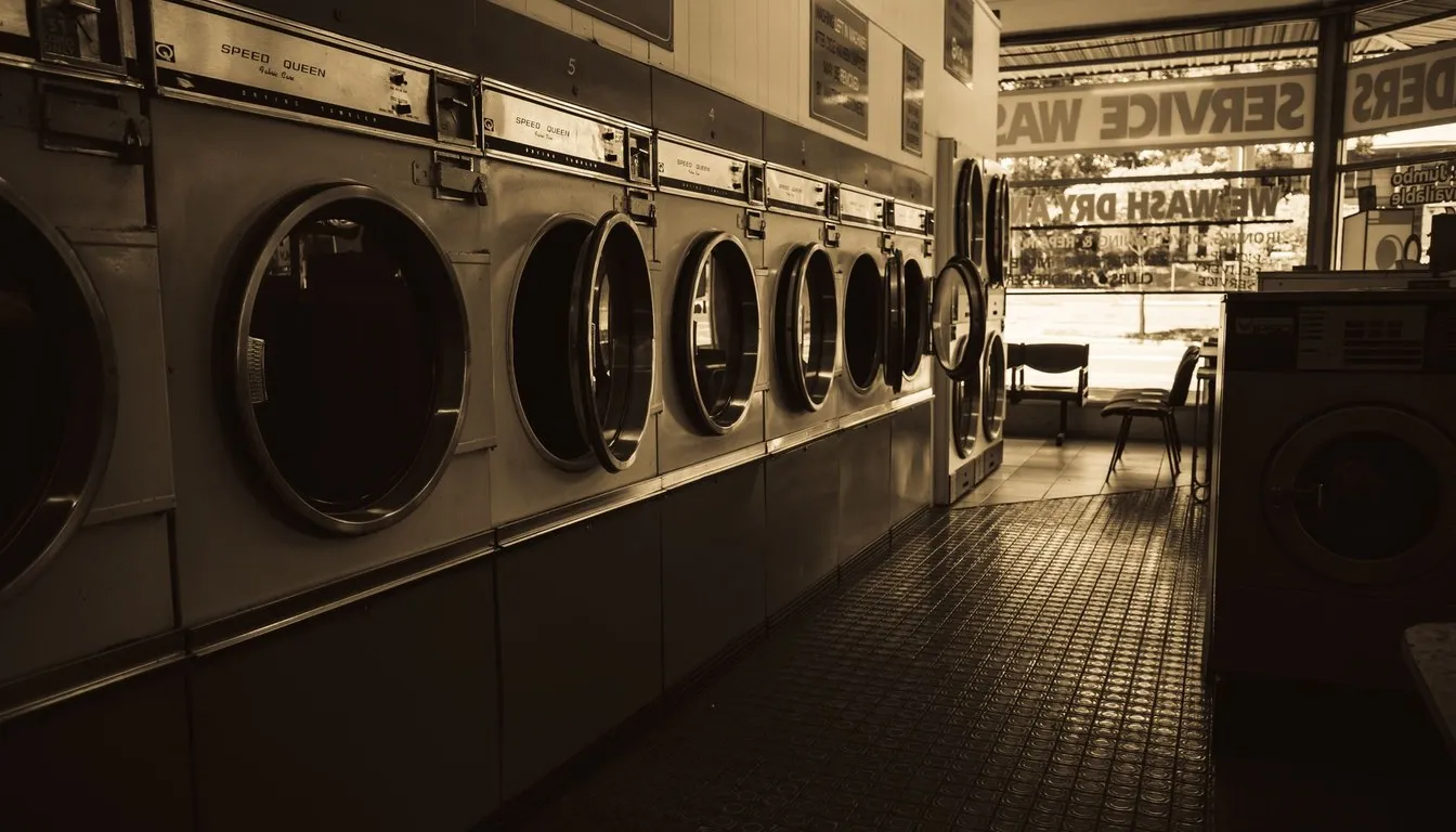 Row of front-loading washing machines in a laundromat