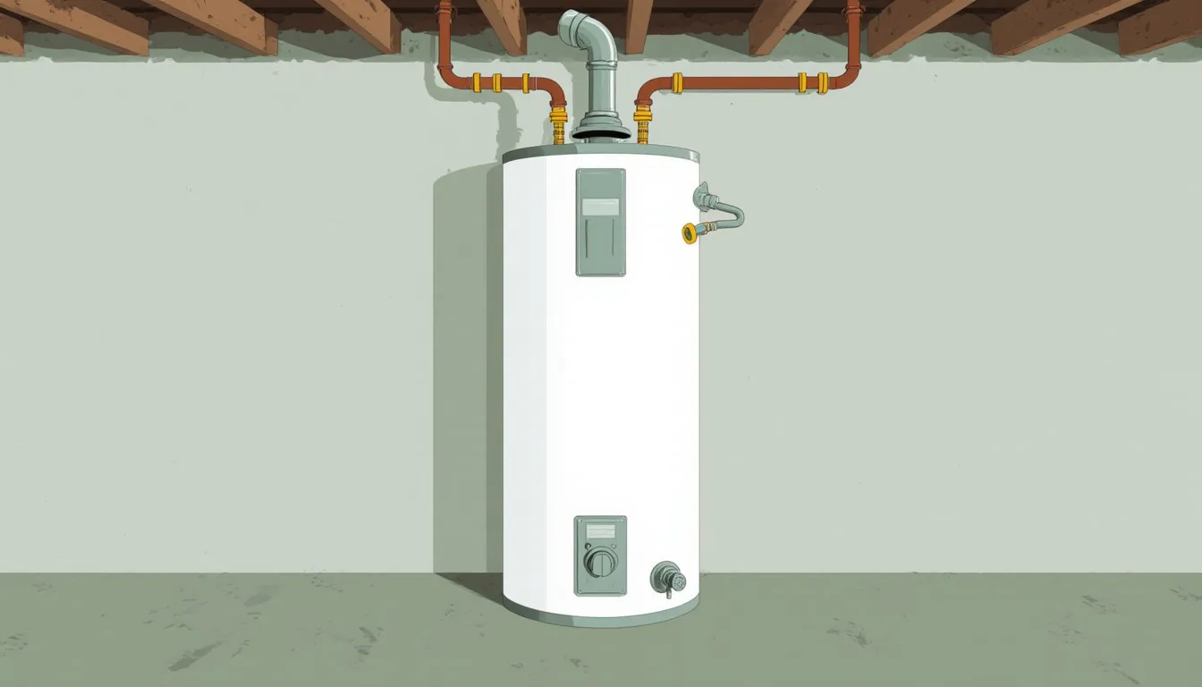 Gas water heater and supply pipes in a basement