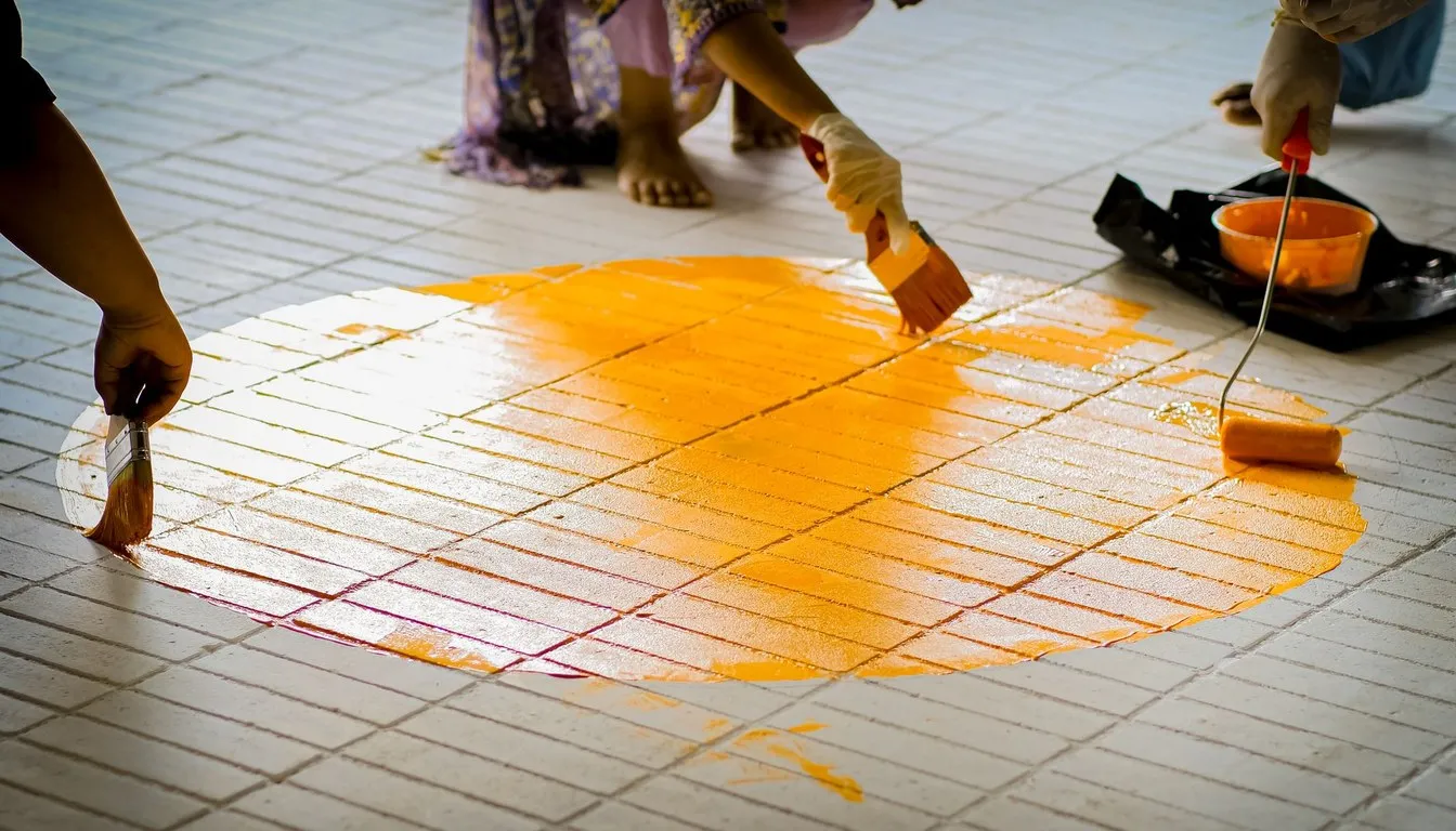 People scrubbing a stained tile floor