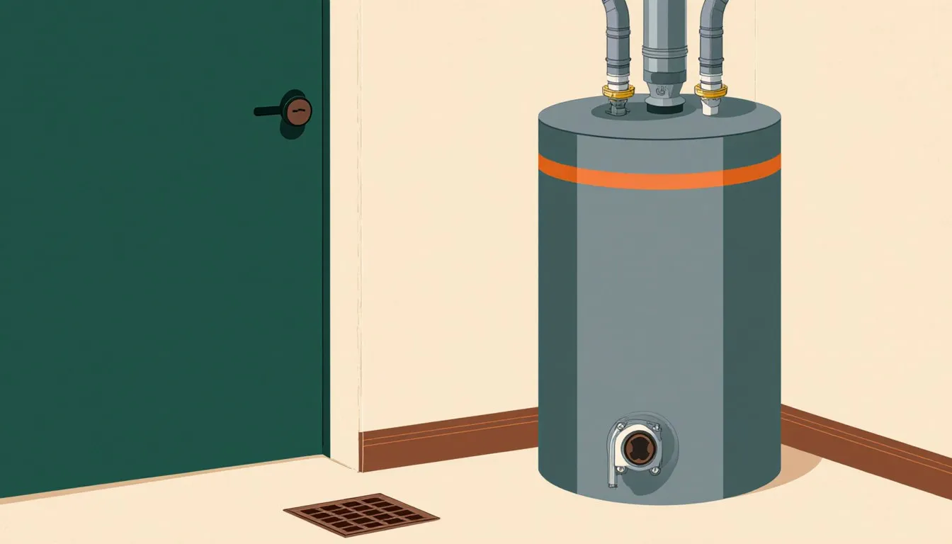 Water heater tank in a utility room corner with pipes overhead
