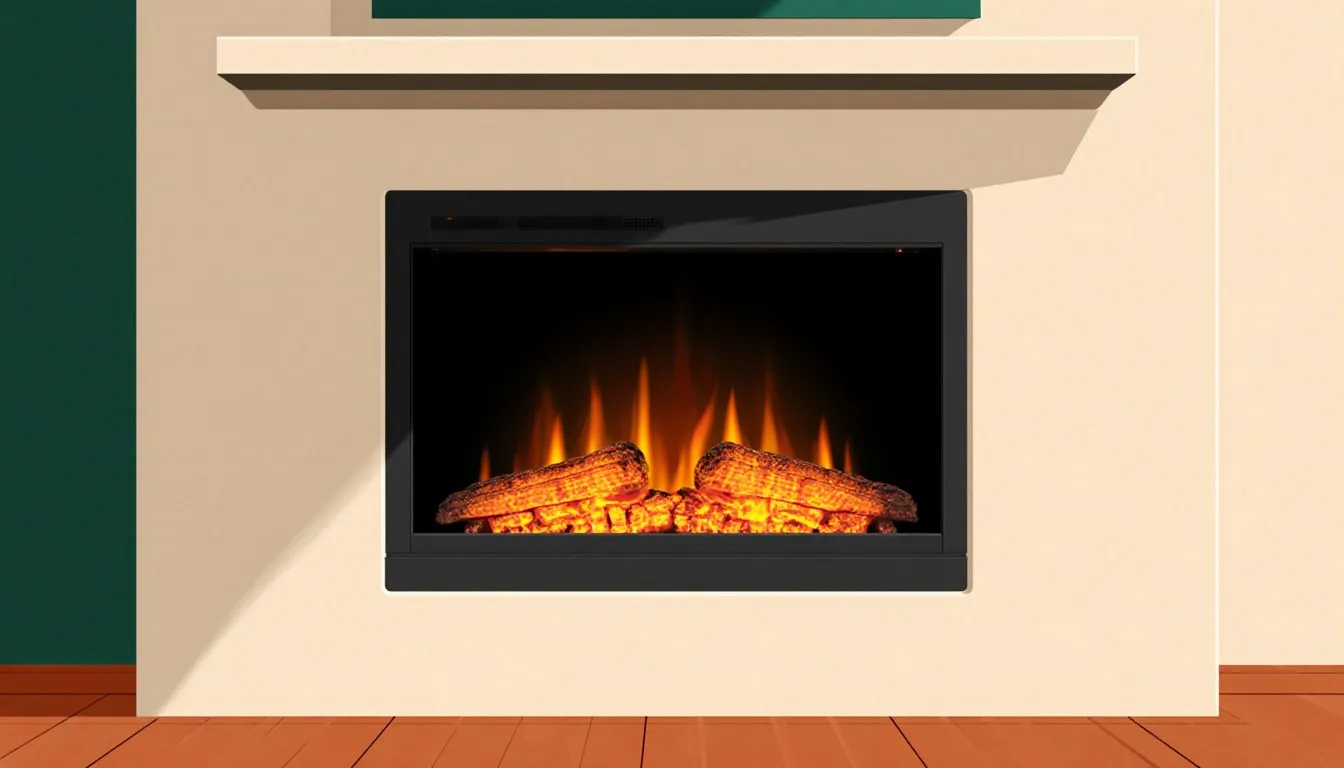 Infrared fireplace heater insert glowing in a wall surround