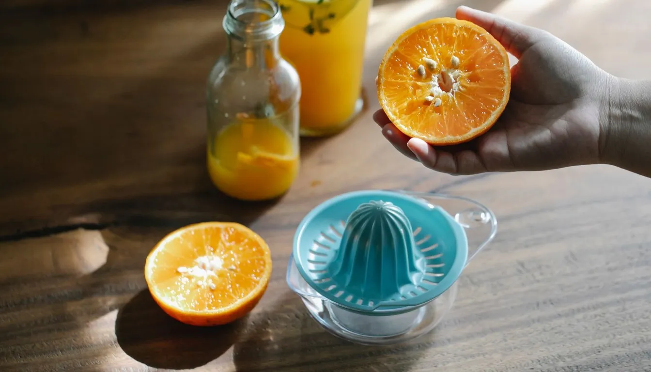 Citrus juicer with halved oranges and juice