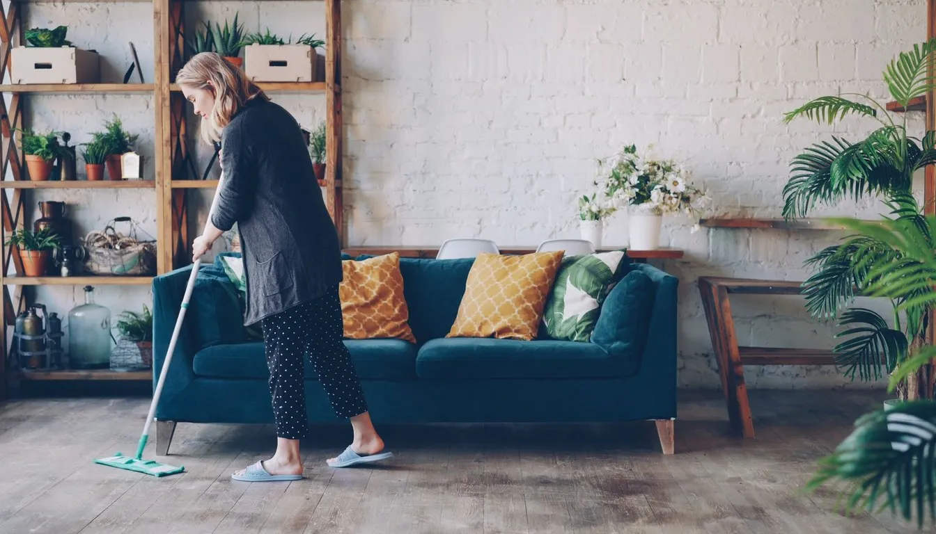 Woman mopping a wood floor beside a blue couch