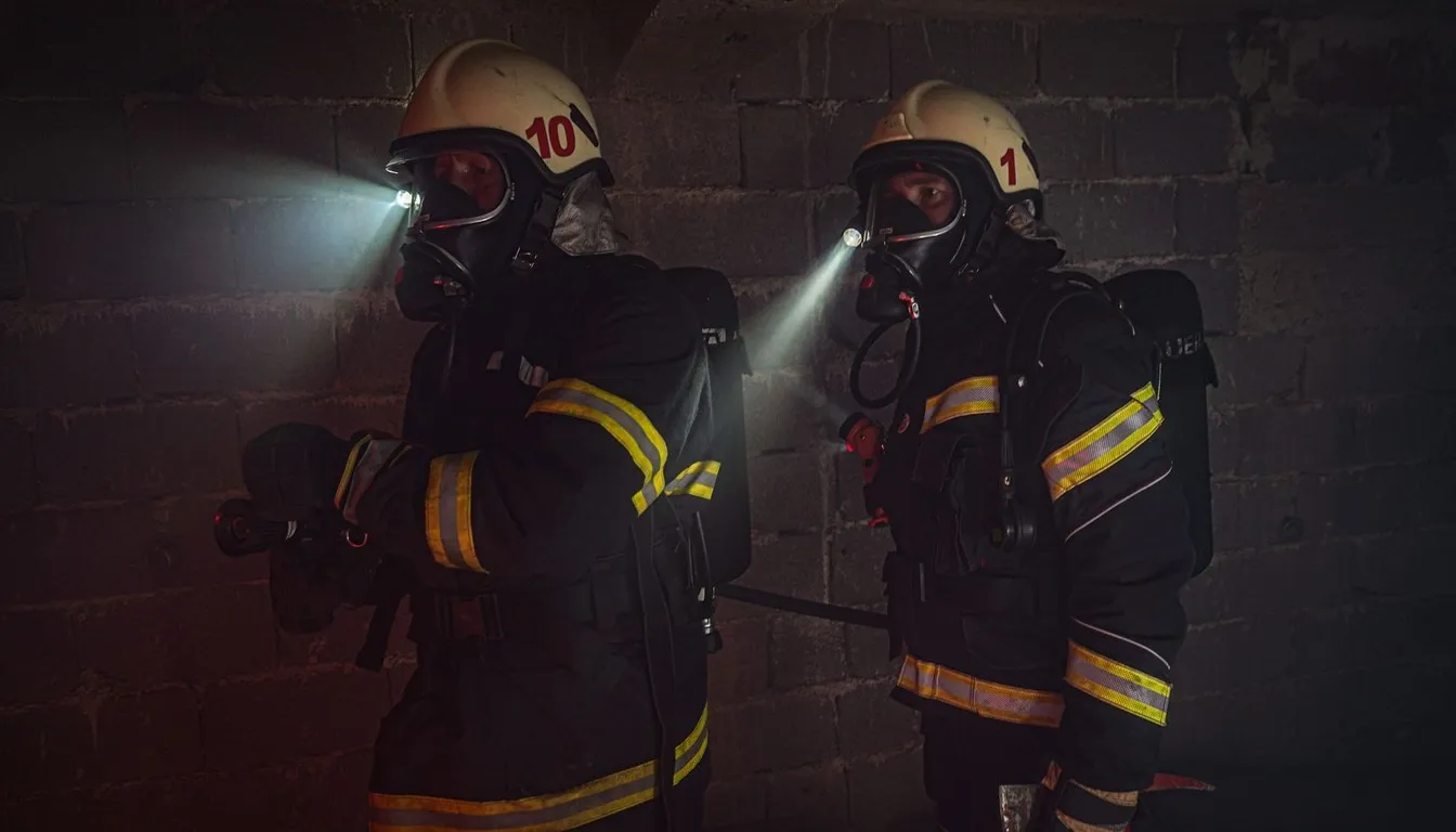 Firefighters with bright helmet flashlights in the dark