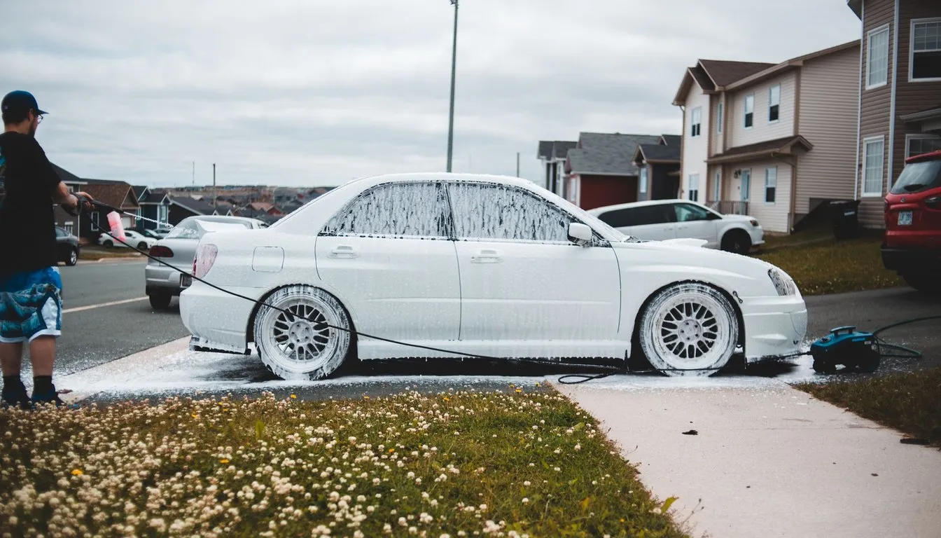 Car covered in soap suds being washed outside a house