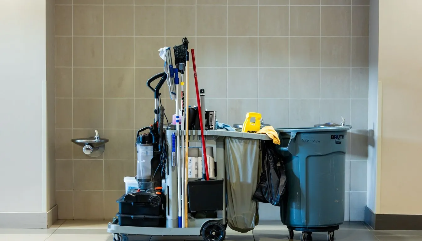Janitorial cleaning cart in a ceramic-tiled room