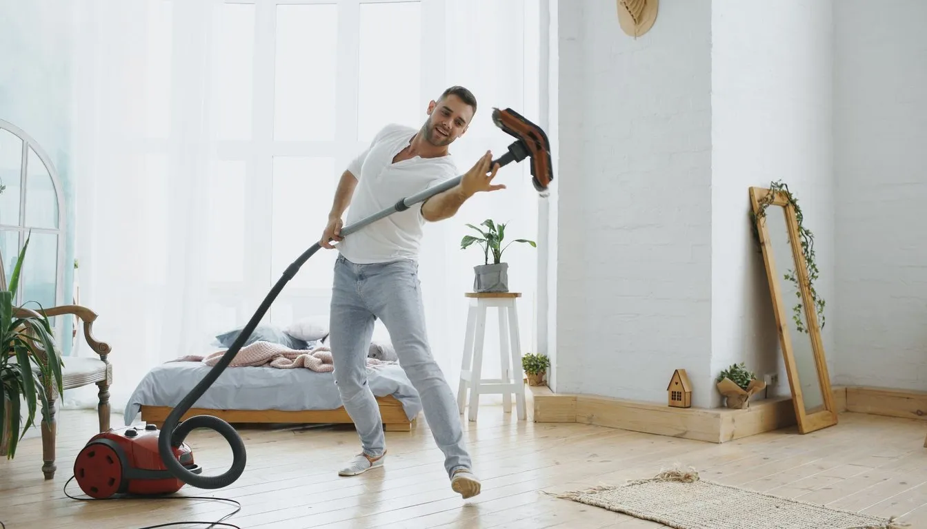 Man playfully vacuuming a bright living room