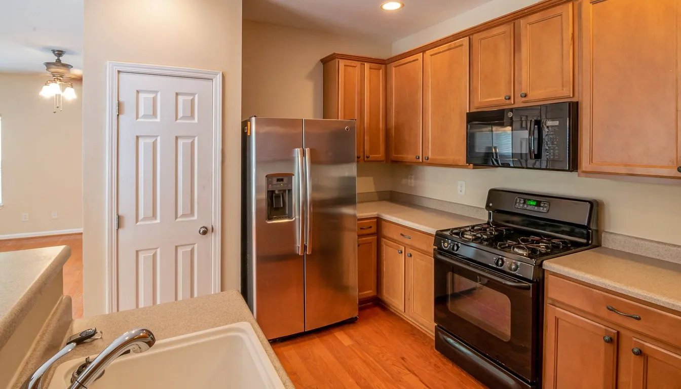 Kitchen with a stainless steel refrigerator and oak cabinets