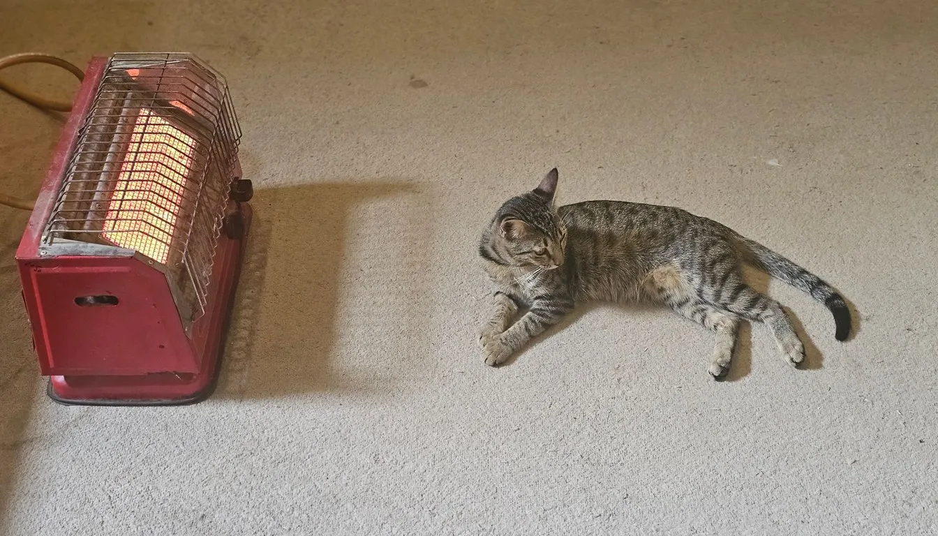 Cat stretched out on carpet beside a red radiant heater
