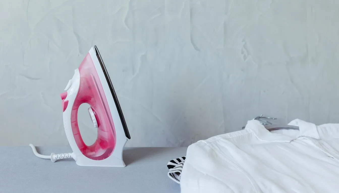 Pink steam iron standing beside a white shirt