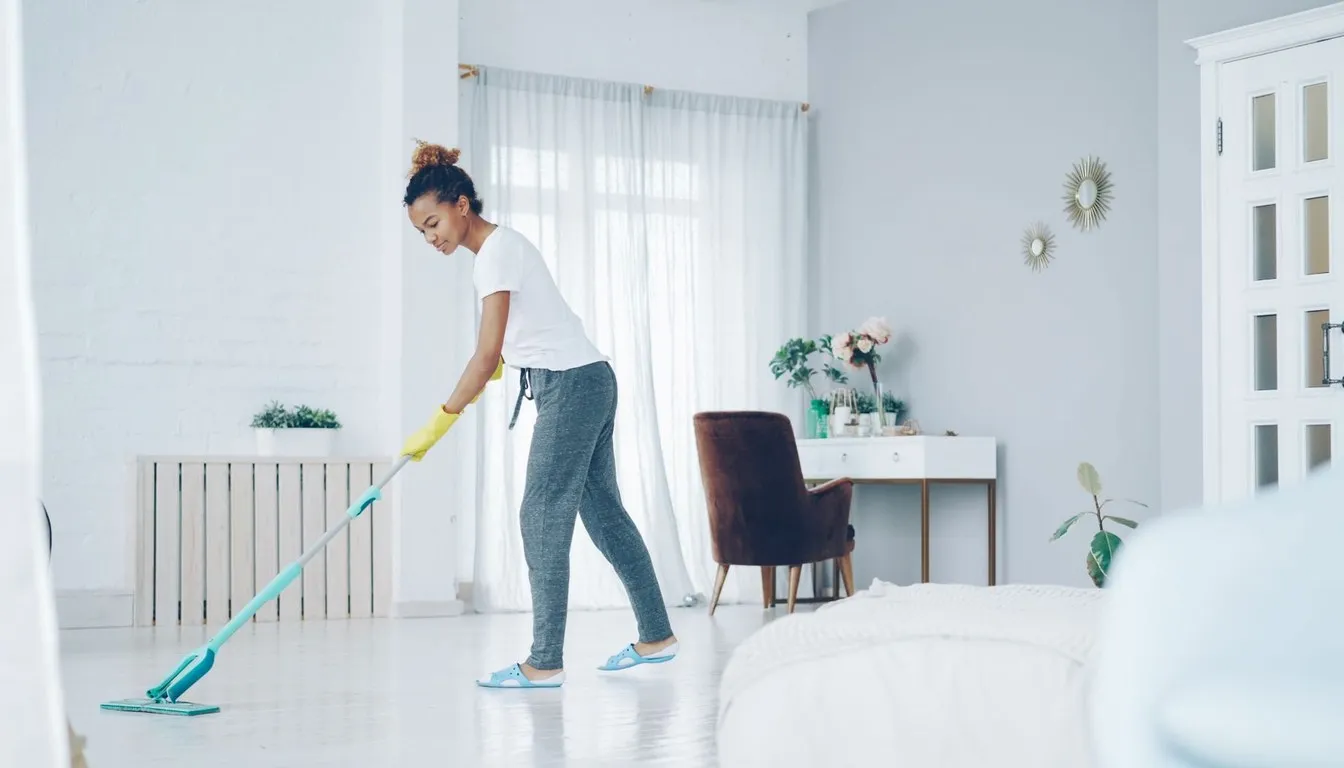 Woman mopping a bright white room