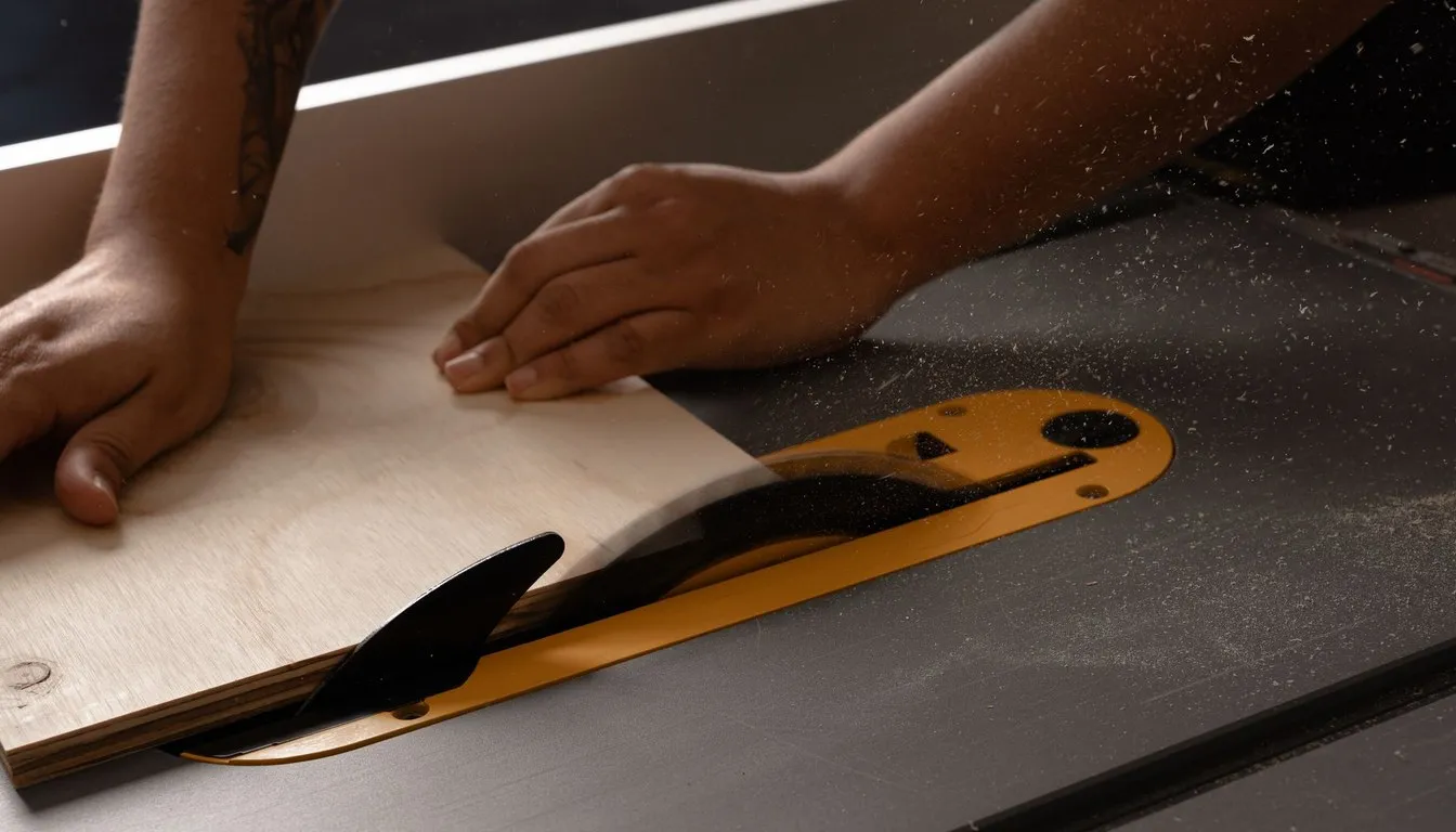 Hands guiding a laminate sheet through a table saw