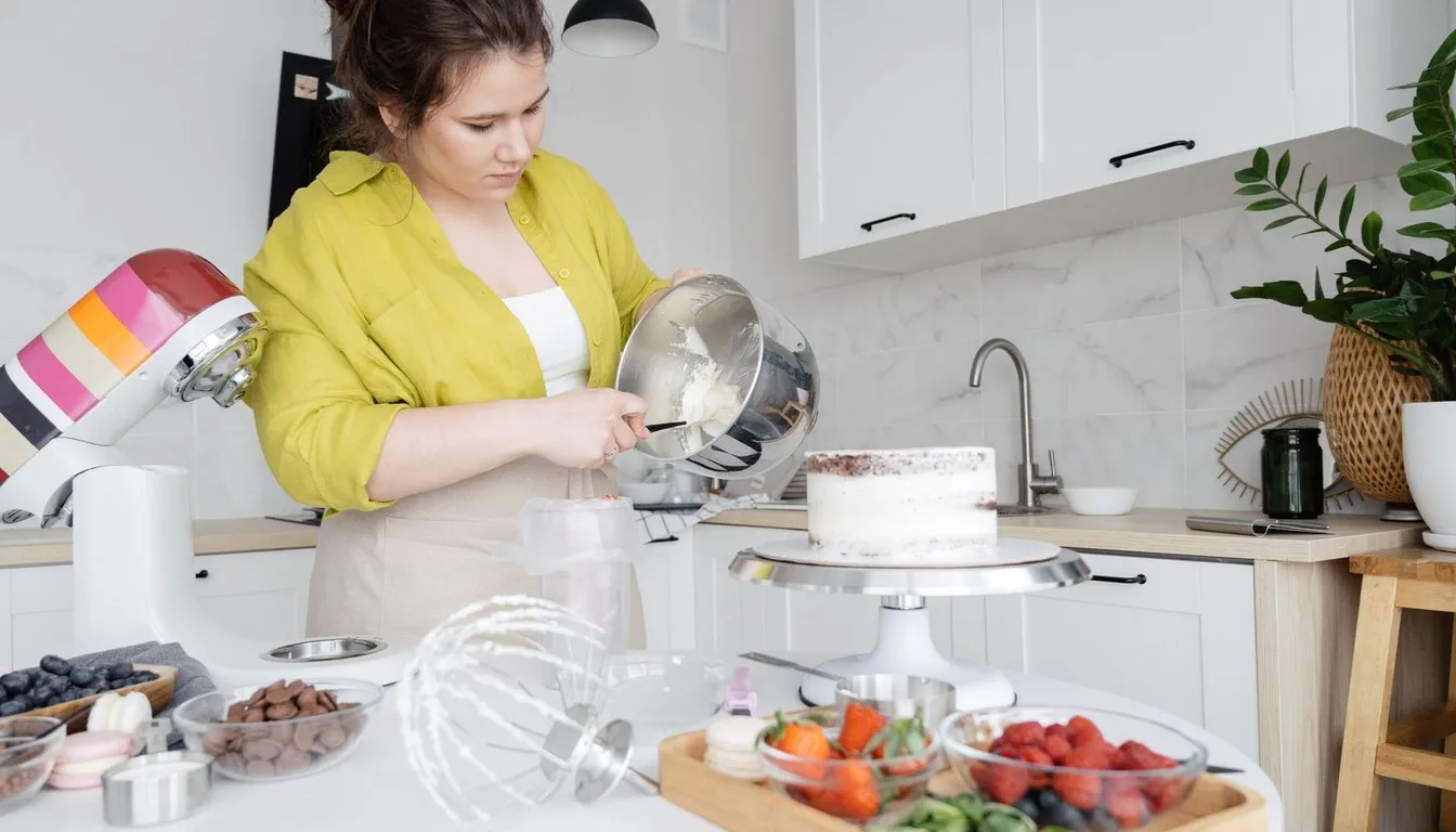 Woman baking with a stand mixer and other kitchen appliances