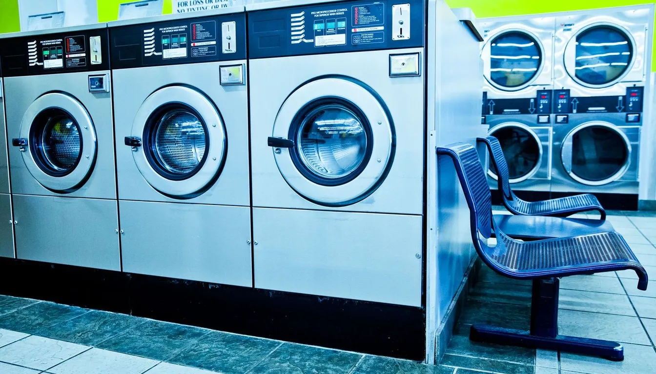 Commercial washing machines in a blue-lit laundromat