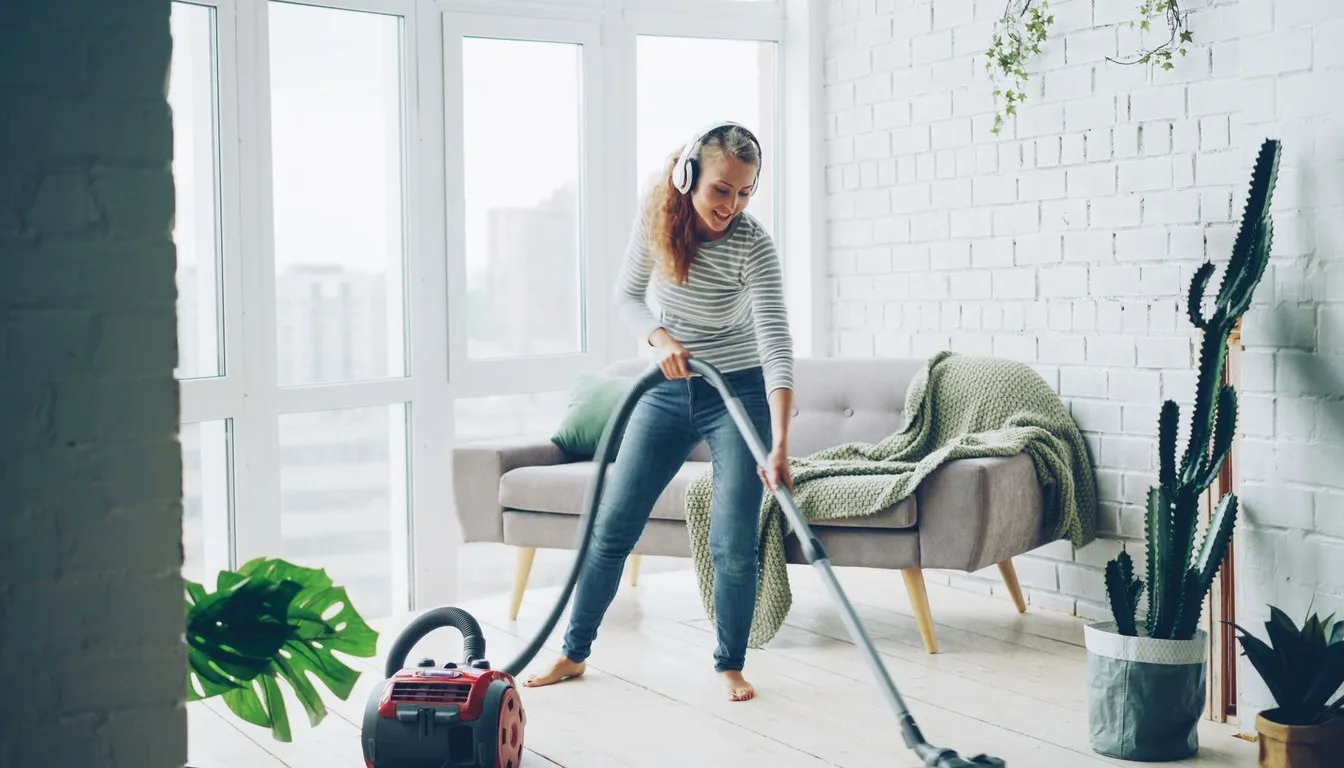 Person vacuuming a bright living room with a canister vacuum