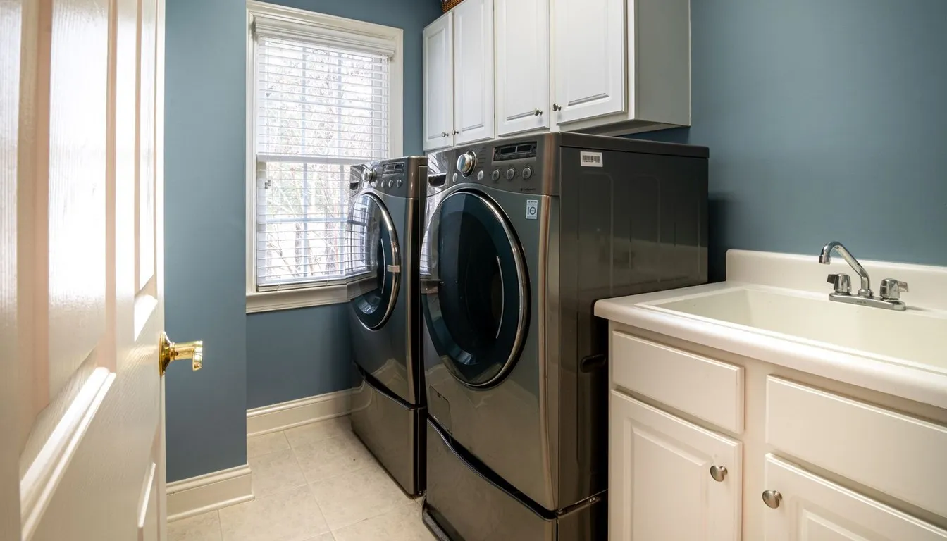 Washer and dryer pair in a home laundry room