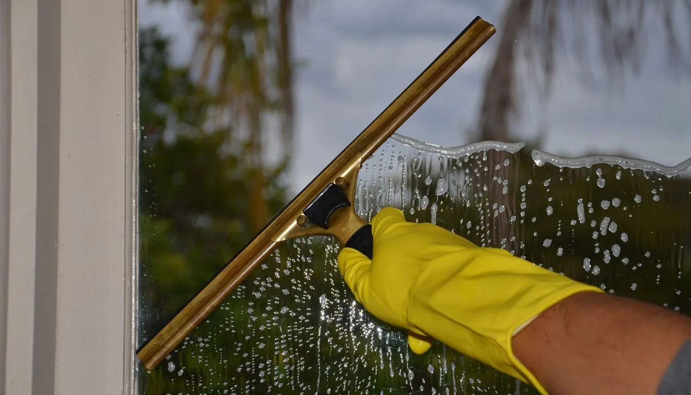 Gloved hand squeegeeing a soapy window