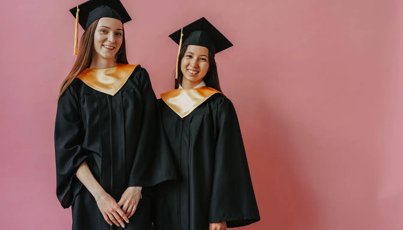 Two graduates in black gowns and caps