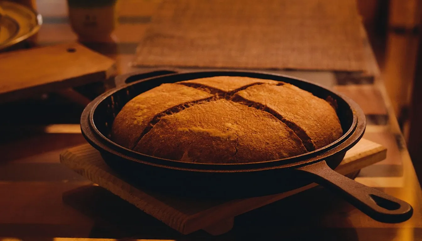 Cornbread baked in a seasoned cast iron skillet